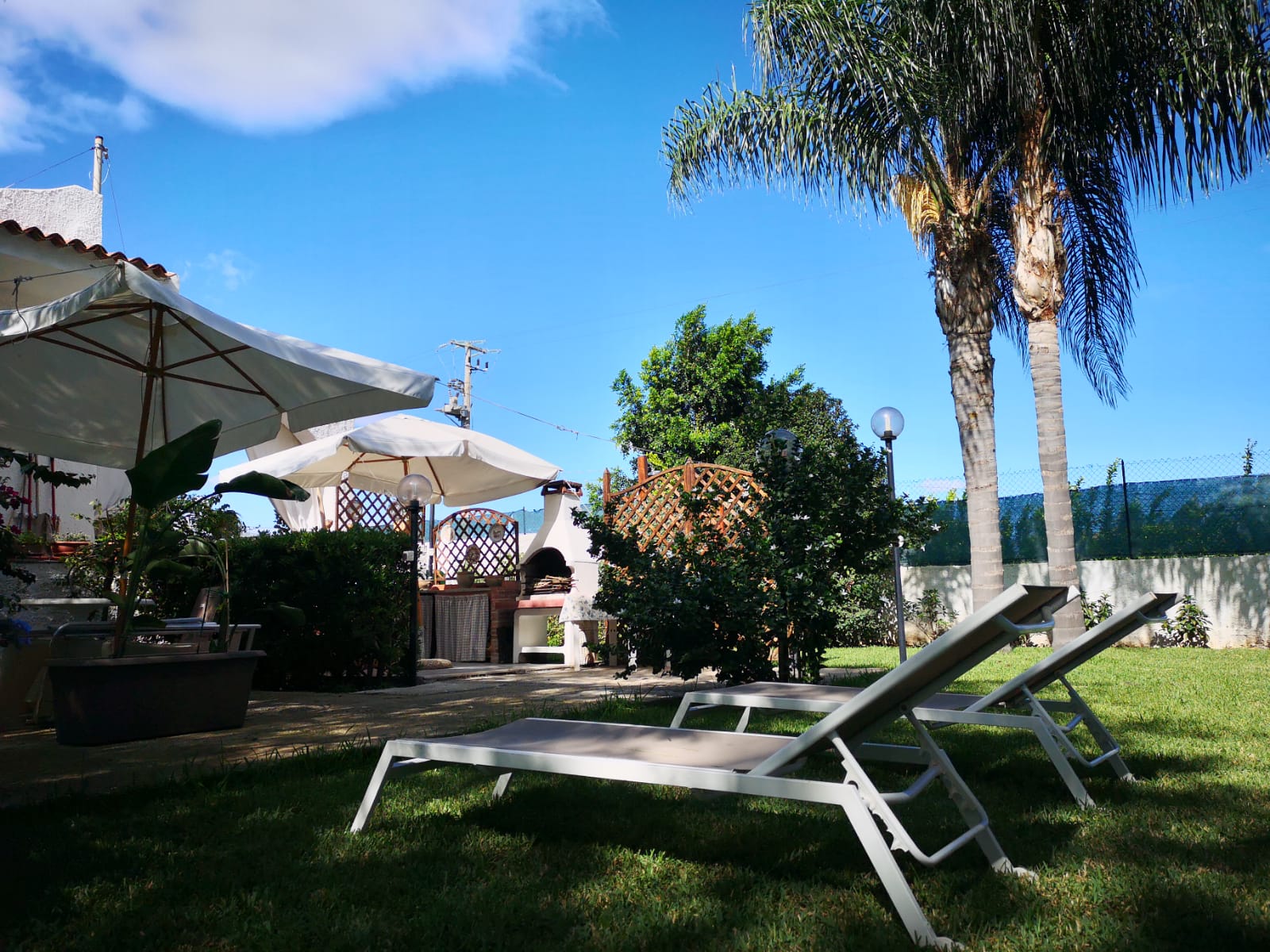 Area relax del giardino con ombrelloni, palme e barbecue